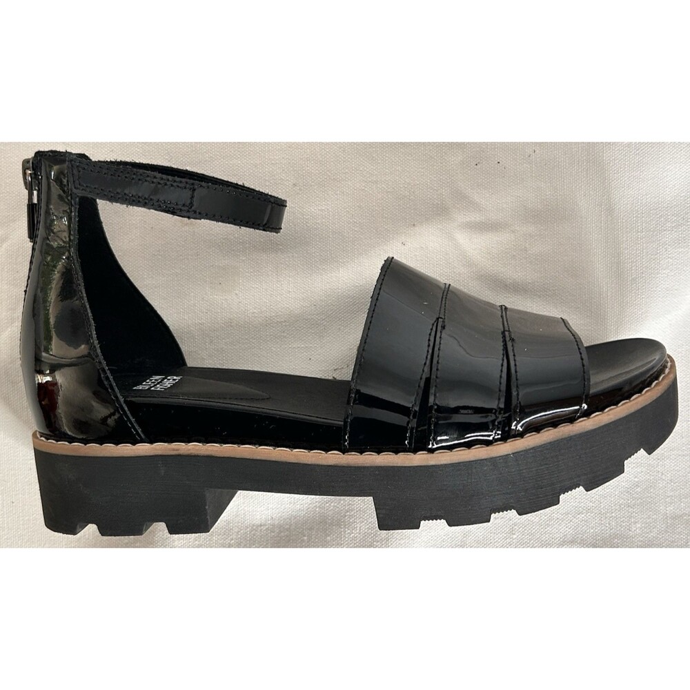 EILEEN FISHER Heir Sandal Black Patent Leather Lug Soul Ankle Strap Size 8.5